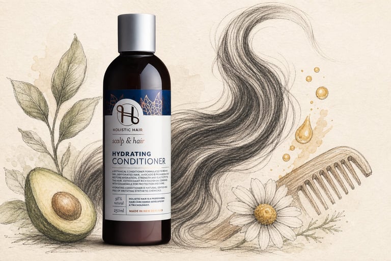 Hydrating conditioner bottle with avocado, flowing hair illustration, wooden comb, and daisy flowers on beige background