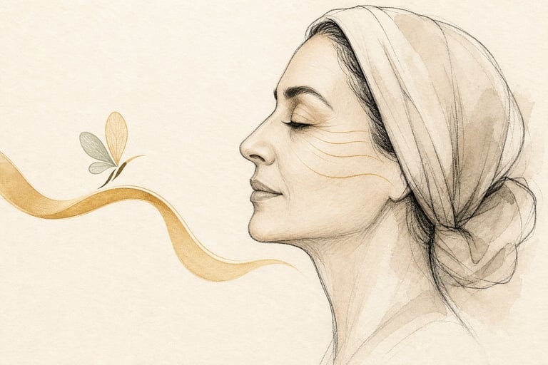 Profile illustration of a woman with her eyes closed, wearing a head wrap, with a delicate flower floating from her neck in sepia tones