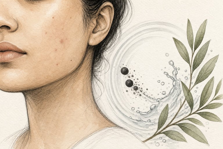 Womans face in profile with water splash illustration and green leaves on beige background