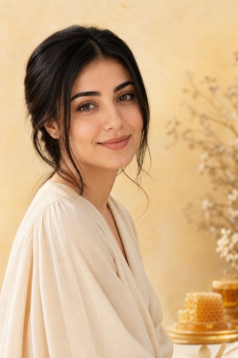 Woman with dark hair in updo wearing beige top, smiling at camera against warm yellow background with honey jars