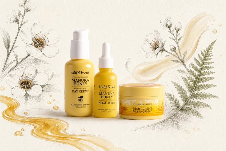 Three Wild Ferns Manuka Honey skincare products displayed with decorative botanical elements and golden liquid swirls on a beige background