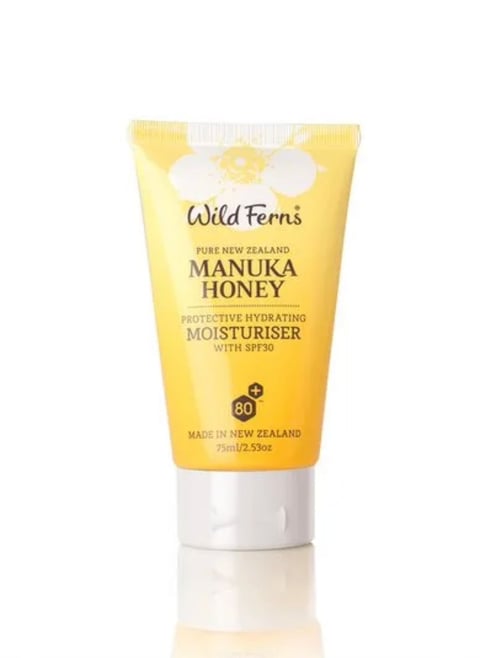 Wild Ferns Manuka Honey protective hydrating moisturiser SPF 30 in a yellow squeeze tube from New Zealand