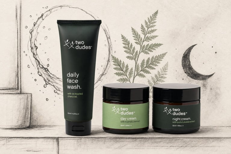Three green skincare products from Two Studios displayed on a shelf with decorative water splash, fern leaves, and crescent moon illustration in background