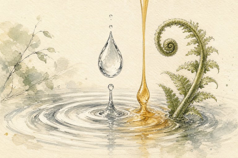 Illustration showing a water droplet falling into a pool creating ripples, with golden oil and green fern leaves beside it on a cream background
