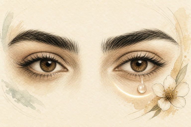Close-up illustration of a pair of brown eyes with dark eyebrows, featuring a tear and delicate flower details in muted tones